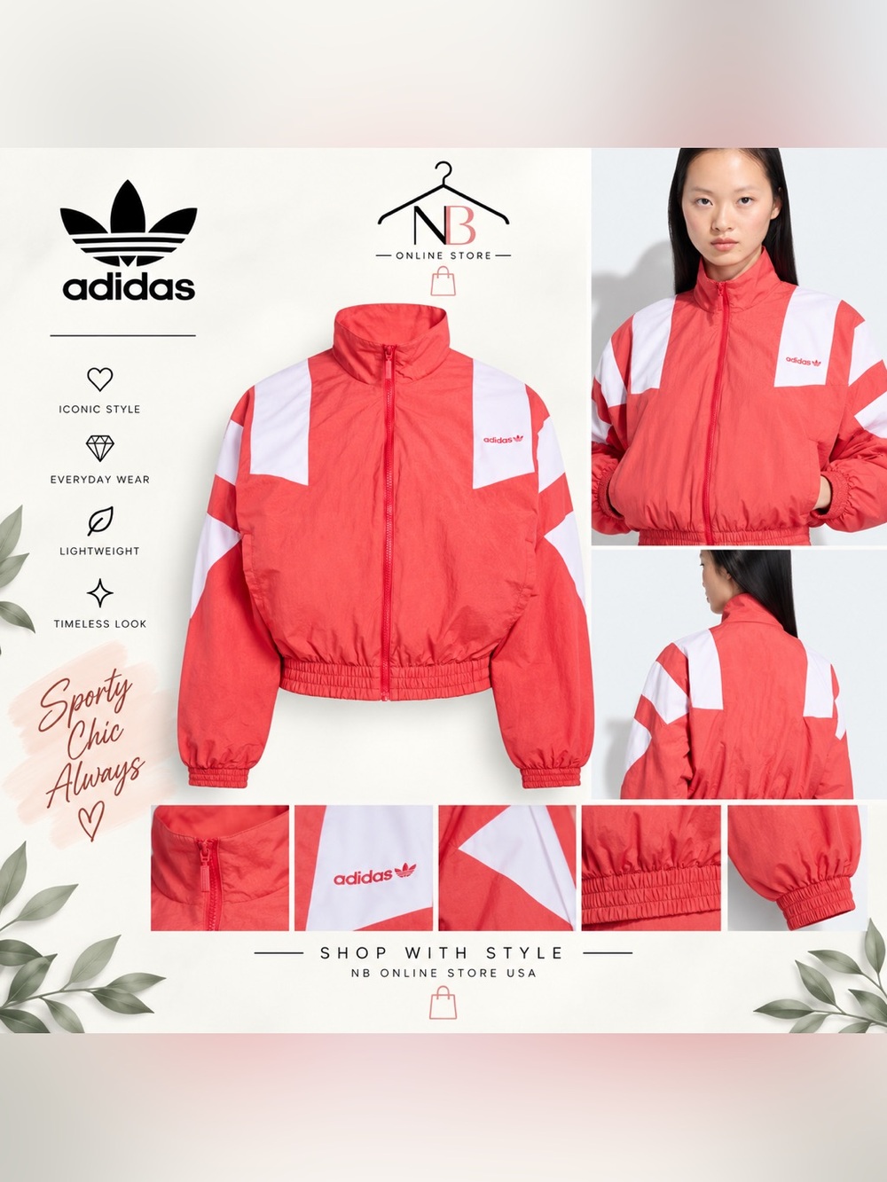 adidas Red and White Cropped Bomber Jacket